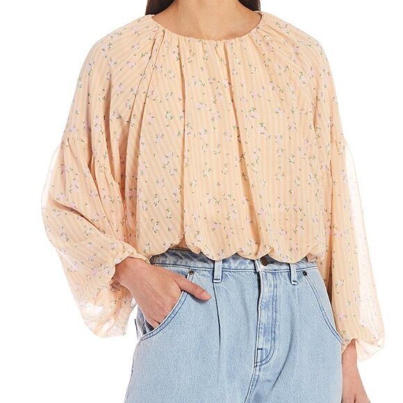 Gianni Bini Puff Sleeve Blouse Tan Pink Floral - Picture 1 of 11
